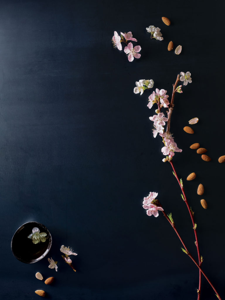 A dark background features a delicate cherry blossom branch with pink flowers and a small bowl of almonds at the bottom right. - K. Charles & Co. in Schertz, TX