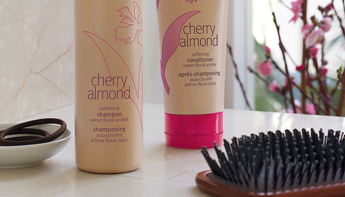 Two bottles of cherry almond hair shampoo and conditioner next to a hairbrush and hair ties on a marble countertop. - K. Charles & Co. in Schertz, TX