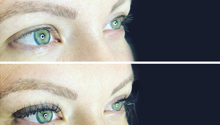Close-up of a woman's eyes before and after applying mascara in a salon, showing a noticeable increase in eyelash volume and length. - K. Charles & Co. in Schertz, TX