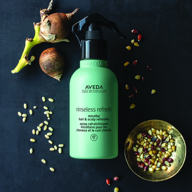 Aveda hair mist bottle on a dark surface surrounded by botanical ingredients and a golden bowl of beans. - K. Charles & Co. in Schertz, TX