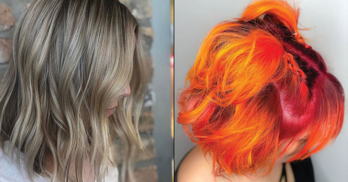 Side-by-side images comparing two hairstyles: on the left, a woman with wavy blonde and gray balayage, and on the right, a woman with vibrant orange and red dyed hair. - K. Charles & Co. in Schertz, TX