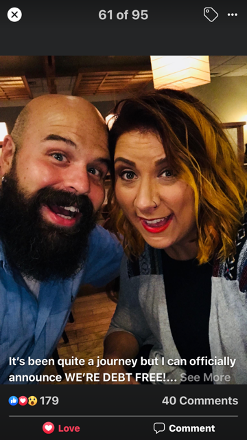 A bearded man and a woman smiling at the camera in a celebratory selfie, with text indicating they are debt free. - K. Charles & Co. in Schertz, TX