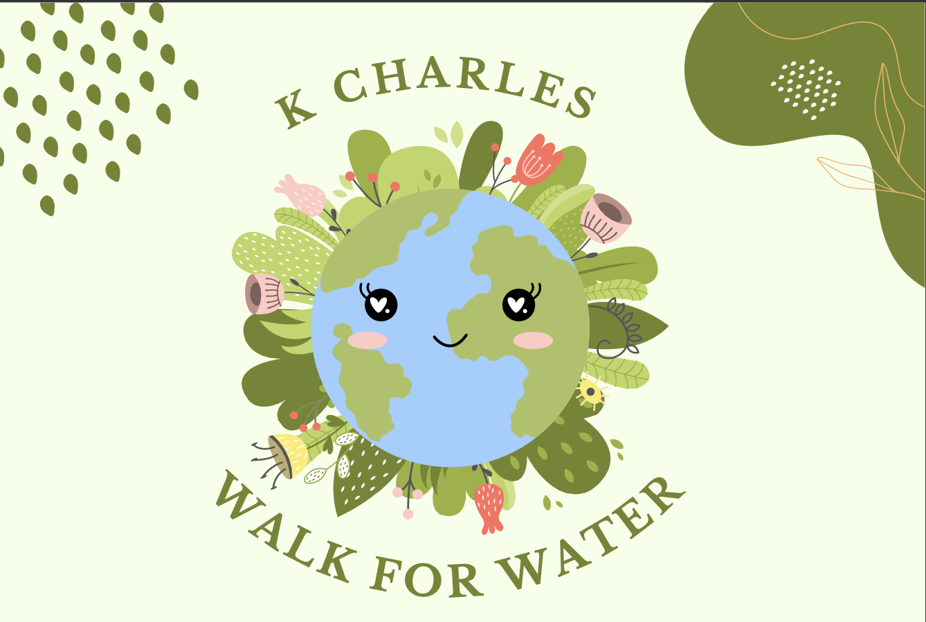 Illustration of a smiling earth surrounded by plants and flowers, with text "k charles walk for water" on a light green background. - K. Charles & Co. in Schertz, TX