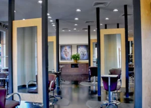 Modern hair salon interior with large mirrors, salon chairs, and black flooring. Artwork and a plant decorate the back wall. The space is well-lit with overhead lights. - K. Charles & Co. in Schertz, TX